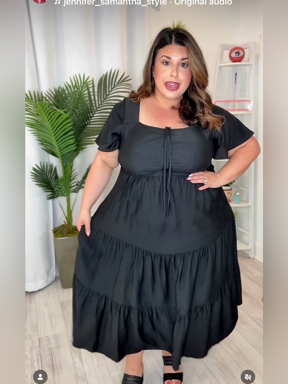 Plus Black Tiered Midi Dress with Tie Front